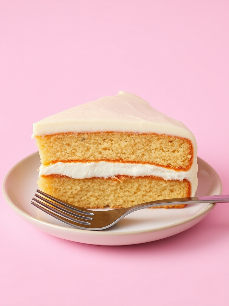 A slice of layered cake with cream filling and frosting on a plate with a fork beside it against a soft pink background.