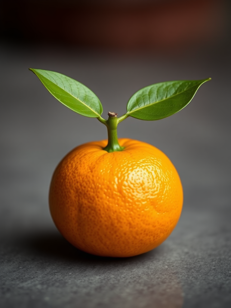 Create a hyper-realistic image of a single orange with a green stem, using a DSLR camera with a 50mm lens, f/1.8 aperture, ISO 100, natural lighting, and a shallow depth of field to enhance texture and detail.