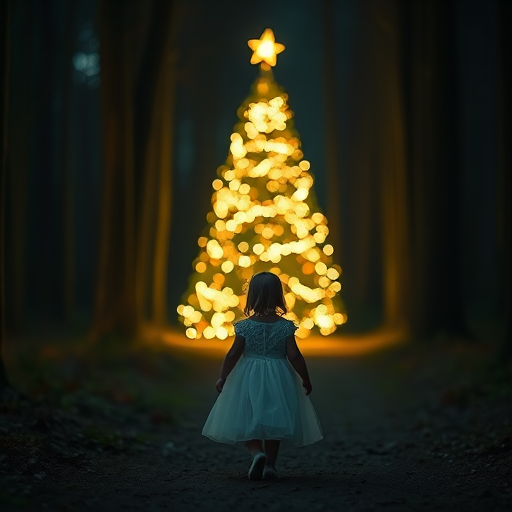 a child in a white dress walking towards a glowing Christmas tree in a dark forest, soft focus, shallow depth of field, 50mm lens, f/1.8, ISO 400, evening light, cinematic style, DSLR camera