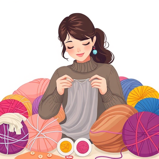 Create an illustration of a woman knitting, surrounded by colorful balls of yarn and buttons, with a soft pastel background, using a digital art style with vibrant colors and smooth lines, mimicking a 50mm lens with a shallow depth of field for emphasis on the subject.