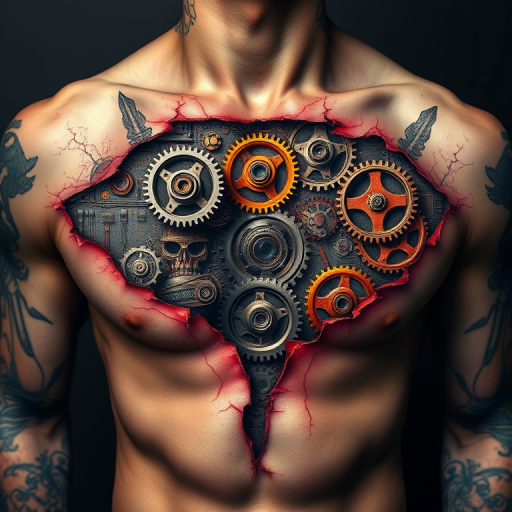 Realistic 3D biomechanical tattoo on the chest, revealing mechanical gears and circuits beneath torn skin, using hyper-realistic shading and color gradients to create a mind-bending illusion