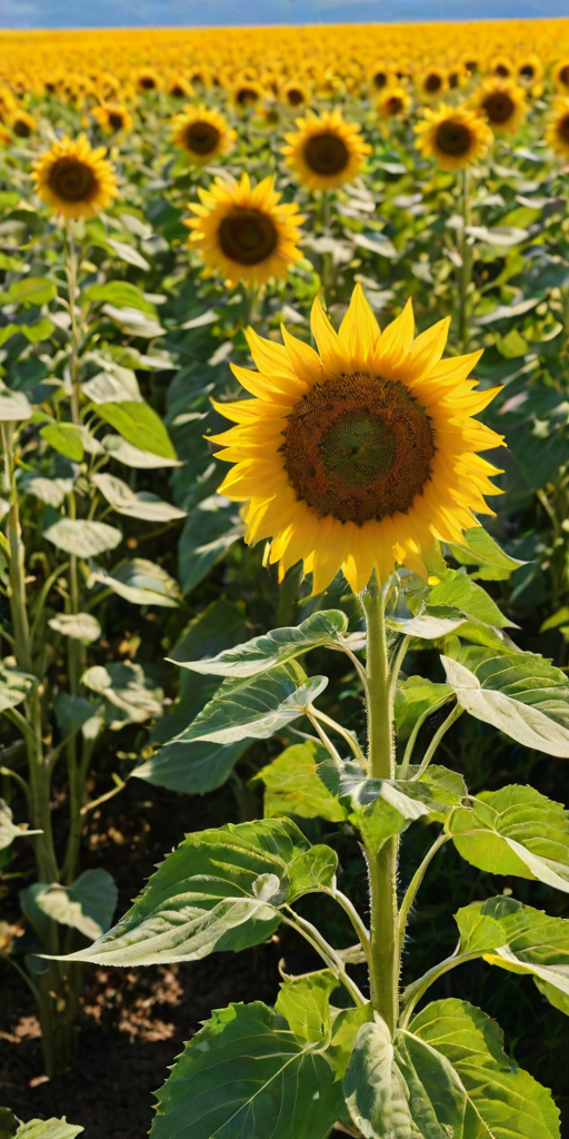 Close-up of a row of sunflowers in a field, their vibrant yellow petals glowing under the midday sun, with a bright blue sky overhead and distant rolling hills on the horizon.
