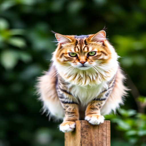 A majestic cat perched on a wooden post, sharp focus, natural light, f/2.8 aperture, 1/500 sec shutter speed, ISO 200, taken with a DSLR camera, portrait orientation, with a blurred background to emphasize the cat and surrounding greenery.