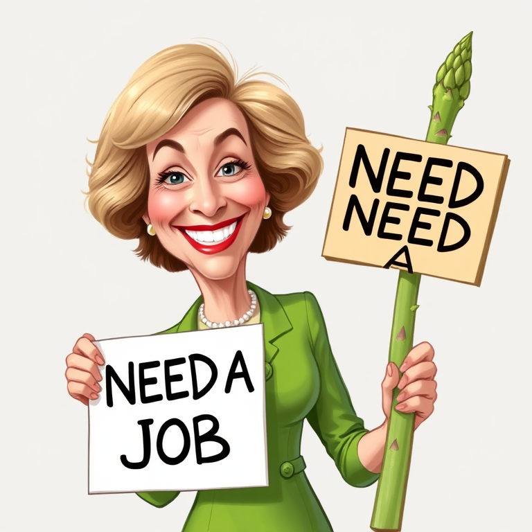 caricature of a smiling Maggie Smith in a Asparagus dress or suit, holding up a sign that says "NEED A JOB", no watermark,