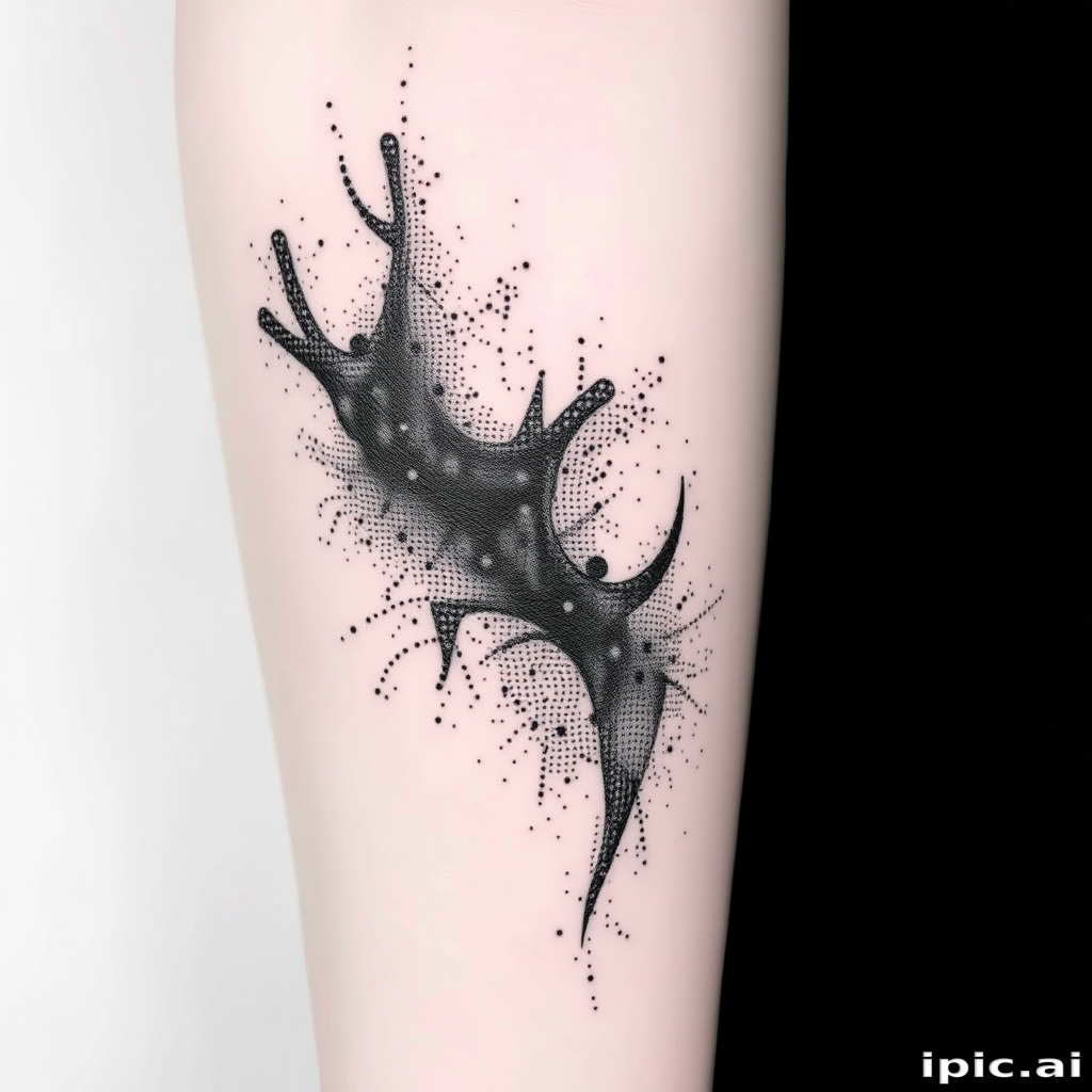 Stipple shading tattoo titled "Whispers in Shadow" using thousands of tiny dots to create intricate gradients and textures in monochromatic black ink for a subtle yet detailed effect