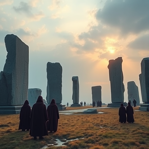 Generate an image of ancient stone monoliths in a mystical landscape with robed figures gathered, soft diffused lighting, golden hour effect, wide-angle view, DSLR camera, aperture f/8, ISO 100, 24mm lens.