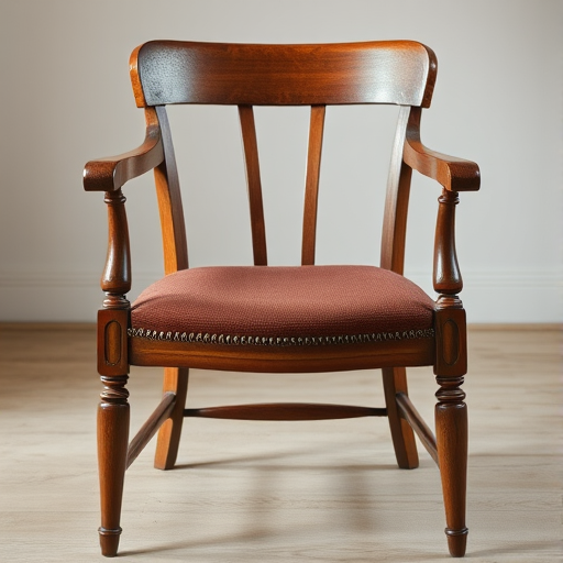 A vintage wooden armchair with a brown upholstered seat, shot from a straight-on view using a DSLR camera at f/4 aperture, ISO 100, 50mm lens, natural lighting for enhanced texture and detail.