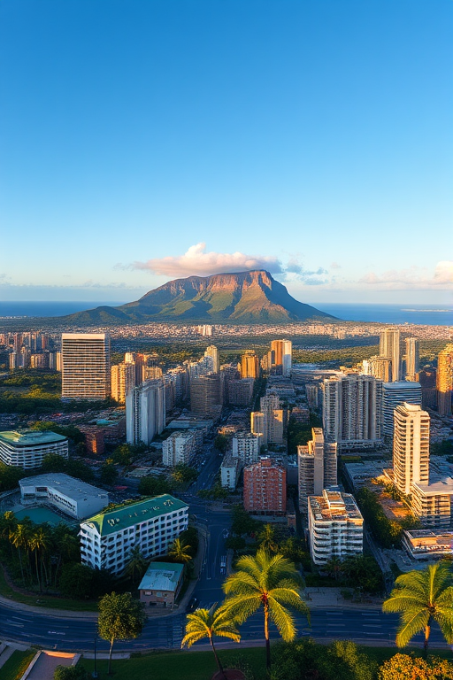 high-resolution panoramic view of Honolulu with Diamond Head in the background, shot from a high vantage point at sunrise, using a DSLR camera with a 24mm lens, aperture f/8, ISO 200, shutter speed 1/200s, clear blue skies and vibrant colors, emphasizing the lush landscape and cityscape details