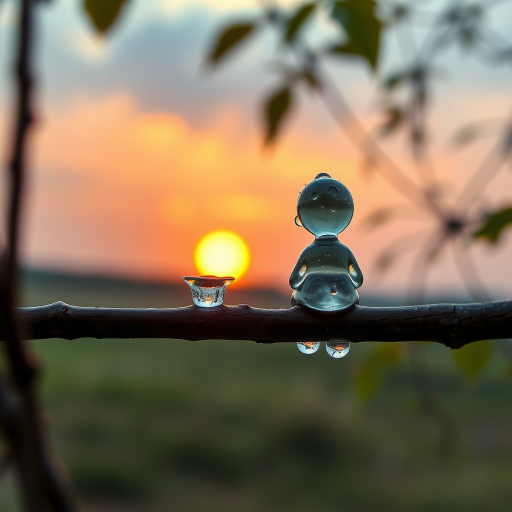 A high-quality conceptual HDR macro hyper-realistic photograph of a tree branch with a couple of transparent water drops in the shape of a female and a male chibi-style figure. The figures have a soft, wet, bubbly wet and bioluminescent texture. They are sitting on the branch and contemplating a beautiful sunset in the distance.