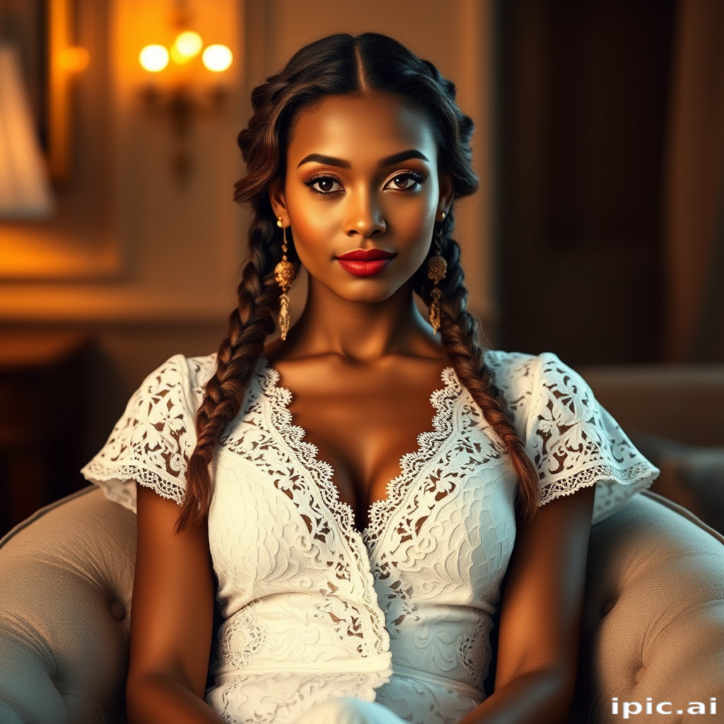 Create a portrait of a refined and elegant woman seated in a sophisticated setting. She has long, wavy hair styled in two thick braids that are pulled over her shoulders. She wears a white, lace gown with intricate patterns, featuring a deep V-neckline and short sleeves. The dress exudes a vintage charm with its delicate lacework. She is adorned with ornate, dangling earrings that add a touch of glamour to her appearance. The background is softly lit, with warm, ambient lighting that creates a cozy and inviting atmosphere. Her expression is poised and serene, capturing a sense of grace and elegance.