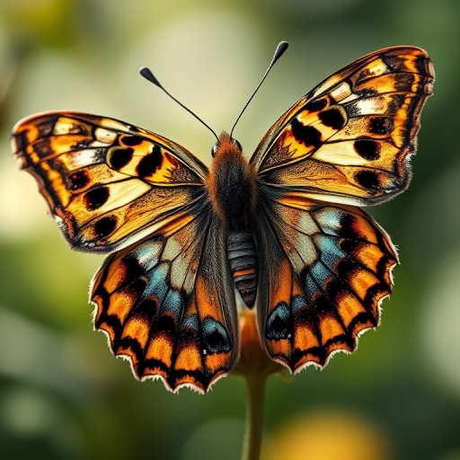 Create a hyper-realistic image of a butterfly with intricate details on its wings, using a macro lens at f/16, shutter speed 1/200 sec, ISO 100, positioned from a top-down view, with soft natural lighting for enhanced clarity and texture.