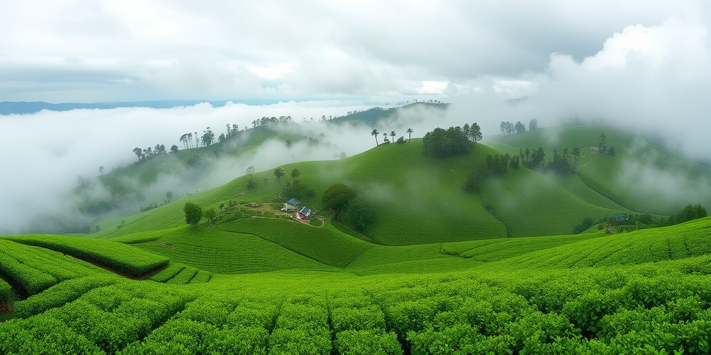 Generate a misty landscape of rolling green tea plantations under a cloudy sky, shot with a DSLR camera at f/8 aperture, 1/200 shutter speed, ISO 100, 24mm lens, in a panoramic view to enhance depth and clarity.