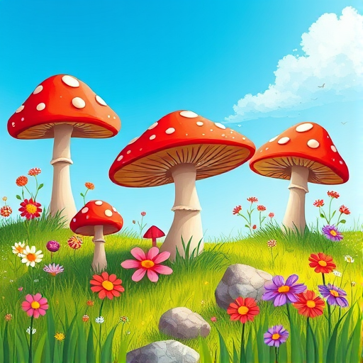 Create a vibrant illustration of a whimsical landscape with bright red mushrooms, multi-colored flowers, green grass, and a clear blue sky, using a DSLR camera with a 50mm lens, f/8 aperture, ISO 200, and a shallow depth of field for enhanced image quality.