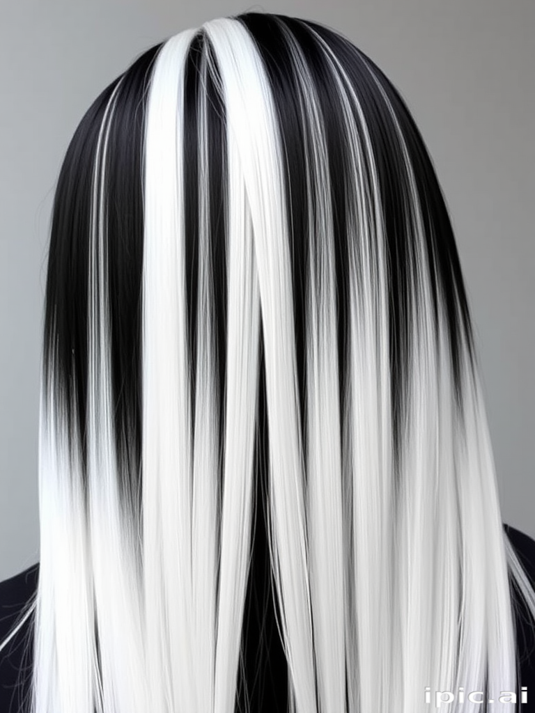 Dramatic black and white split dye, Yin-Yang's hair showcases a perfect balance of light and dark, with sleek straight strands creating a striking visual contrast from root to tip
