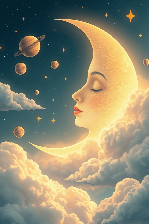 Create a dreamy illustration of a crescent moon with a face surrounded by whimsical clouds and celestial elements like planets and stars, shot with a Canon EOS R5 at f/2.8, ISO 100, 24mm lens, with a soft focus and ethereal lighting.