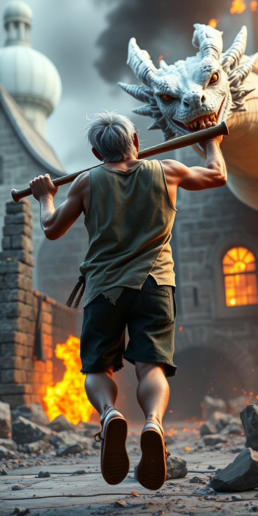 Cartoon 3D High-Resolution,dynamic battle scene using Unreal Engine 5 and Octane Render. The scene features back of an elderly, thai man with a beard,messy hair and round golden-rimmed glasses. He is wearing a tattered tank top with soot marks, shorts, and sandals. sweating. he wields a baseball bat. He jump to fight with a white fire-breathing Europe dragon amidst a partially destroyed stone castle. Include intense flames, smoke, and debris to enhance the dramatic effect.