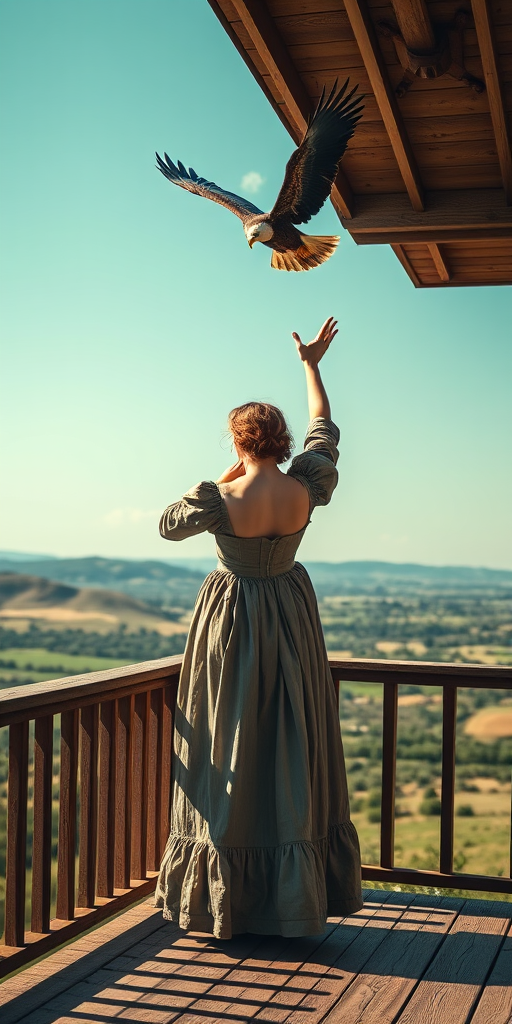 Regenerate a hyper-realistic image of a woman in a historical dress standing on a wooden porch, reaching out towards a soaring eagle, with a scenic landscape featuring hills and fields in the background, shot with a Canon EOS R5, 50mm lens, aperture f/1.8, shutter speed 1/200s, ISO 100, using natural daylight to enhance colors and details.