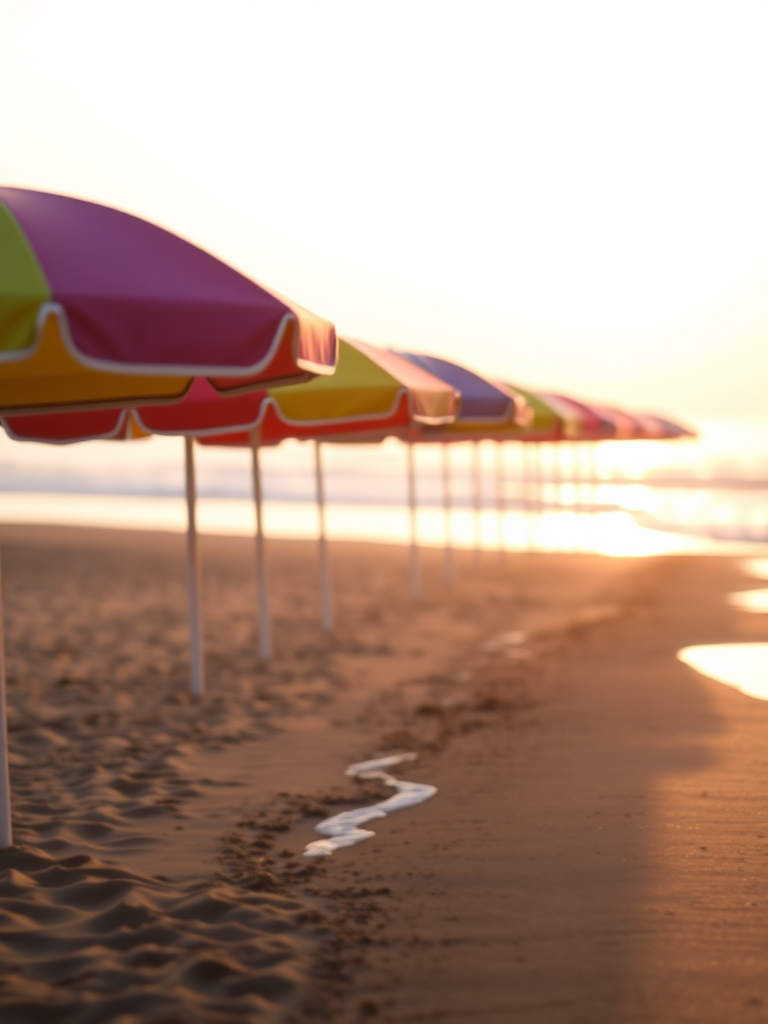 Soft-focus image of a row of colorful beach umbrellas lined up along a sandy shore, soft golden light from the setting sun reflecting off the ocean, with gentle waves lapping at the beach.