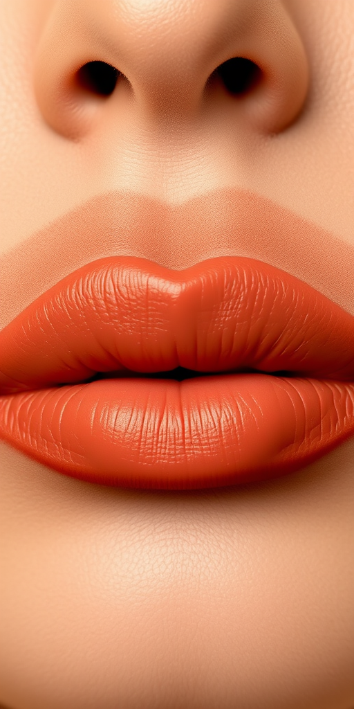 Matte terracotta lips with earthy undertones, perfectly lined and defined shape, warm and inviting color, chic Desert Clay Suede design