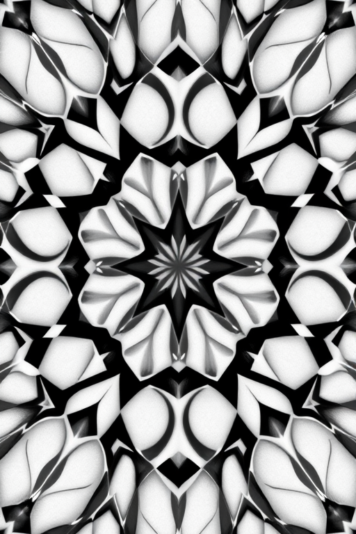 Generate an intricate pattern design featuring geometric shapes in a monochrome color scheme, captured with a DSLR camera at f/8 aperture, ISO 100, 1/250s shutter speed, from a top-down view, using a macro lens for enhanced detail.