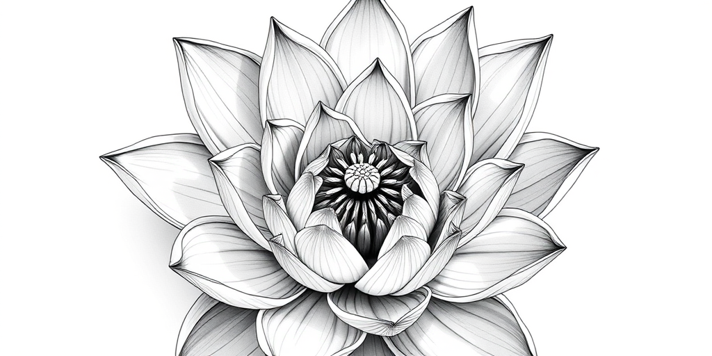 illustration of a detailed lotus flower in black and white, high contrast, sharp focus, f/8 aperture, 50mm lens, using a DSLR camera, top view angle, monochrome style