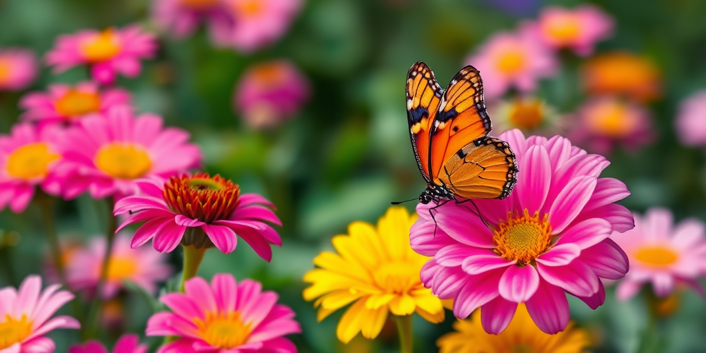 Generate an image of a colorful garden scene featuring vibrant flowers in shades of pink and yellow. A butterfly with orange and black wings is perched on one of the flowers, surrounded by a soft, blurred background of more flowers in various colors. The overall mood should be cheerful and bright, capturing the beauty of nature.