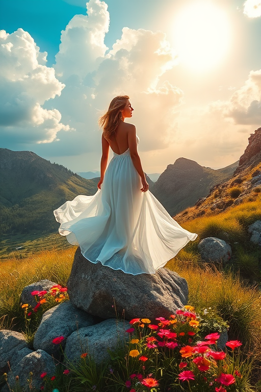 Create a vibrant and ethereal landscape painting featuring a woman in a flowing white dress standing on a rocky outcrop amidst wildflowers, with a dramatic sky filled with fluffy clouds and sunlight breaking through, captured with a Canon EOS R5 at f/8, ISO 100, 1/250s, using a wide-angle lens at 24mm.