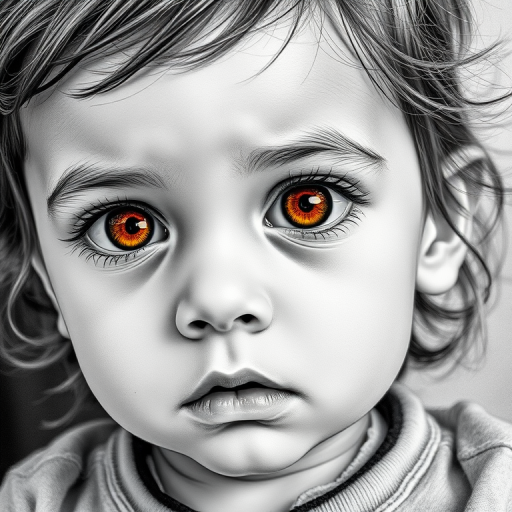 A hyperdetailed photorealistic black and white sketch of a beautiful toddler with deep orange eyes, with a macro focus