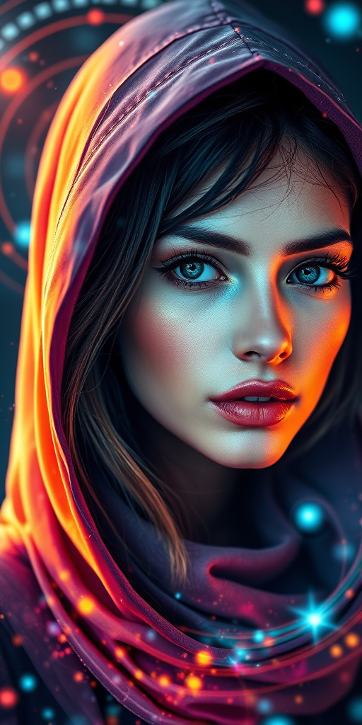 Create a stunning portrait of a woman with a futuristic hood, surrounded by abstract digital elements and swirling cosmic colors, using a 50mm lens at f/1.8, ISO 100, with a soft focus and high dynamic range settings for enhanced depth and vibrancy, captured on a full-frame DSLR.