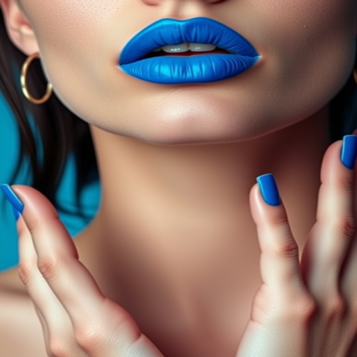 Electric blue lips with a matte finish, daring and avant-garde, pushing the boundaries of conventional beauty with their bold and artistic statement