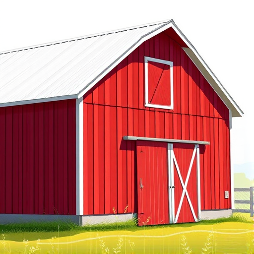 stock illustration of a red barn with a white roof and a window, captured in high resolution with a Canon EOS 5D Mark IV, 50mm lens, f/8 aperture, ISO 100, natural lighting, focus on the barn structure with a shallow depth of field for artistic emphasis.