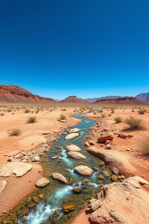 Create a vibrant desert landscape featuring a winding stream with smooth rocks under a clear blue sky, using a DSLR camera with a 50mm lens, f/8 aperture, ISO 100, and a wide-angle view to capture the expansive scenery.