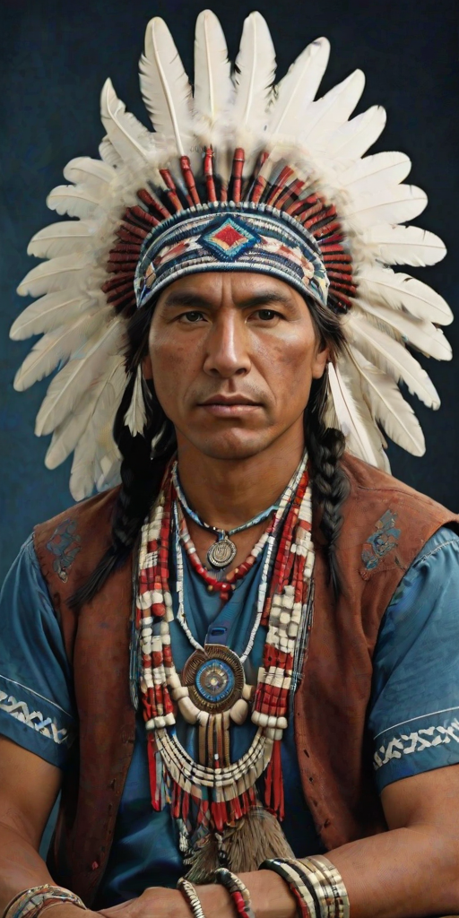 Create a dignified portrait of a Native American man dressed in traditional attire. He wears a beautifully crafted headdress adorned with white feathers and red beads, along with a beaded headband featuring intricate patterns. His clothing includes a deep blue, patterned shirt and a traditional chest piece with detailed beadwork. His arms are crossed, displaying leather armbands decorated with feathers. The background is simple and neutral, emphasizing his proud and stoic expression. The overall image captures the rich cultural heritage and strength of his persona.