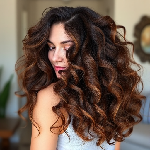 Luscious chocolate brown curls with caramel balayage highlights, styled in voluminous ringlets that frame the face and tumble down the back, embodying a romantic and whimsical charm known as Cocoa Cascade