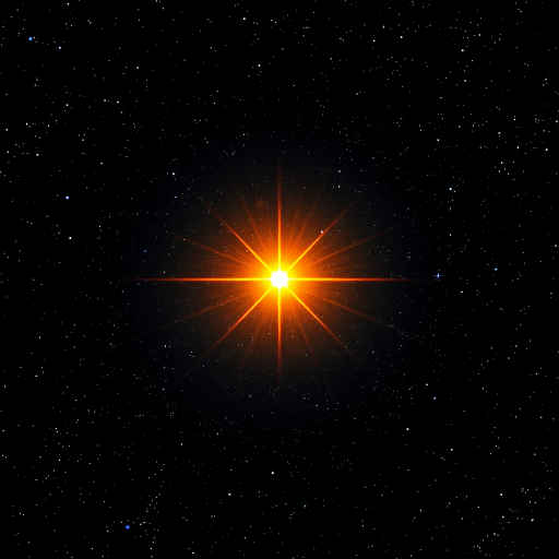Create a vibrant cosmic scene with a glowing orange star at the center, surrounded by a dark starry background, captured using a DSLR camera at f/2.8 aperture, ISO 200, 24mm wide-angle lens, and a long exposure of 10 seconds to enhance the brightness and clarity.