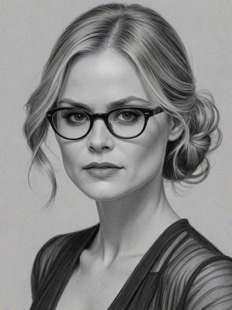 Graceful Anna Paquin, pencil sketch, portrait of Dazzling woman 1927s in glasses, hair style beatnik, outline, clear lines, fine lines, 8k