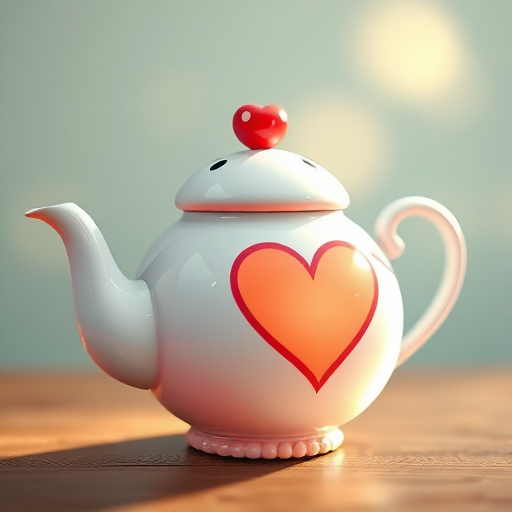 Create a high-resolution illustration of a whimsical teapot with a heart design, soft lighting, macro view, digital art style, using a high-quality camera simulation with a f-stop of 2.8 for depth of field.