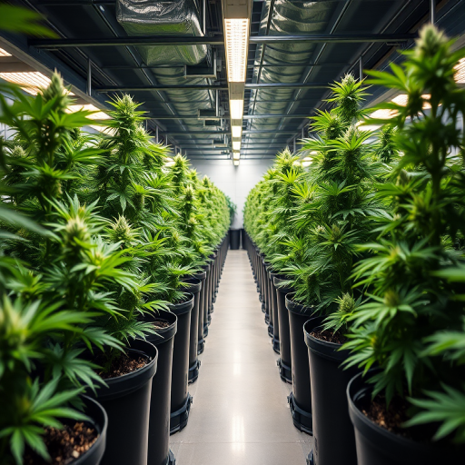 Indoor cannabis cultivation facility with rows of green plants in black pots under bright grow lights, captured using a DSLR camera with a 35mm lens, f/2.8 aperture, ISO 400, 1/60s shutter speed, wide-angle view to enhance depth, and soft focus background.