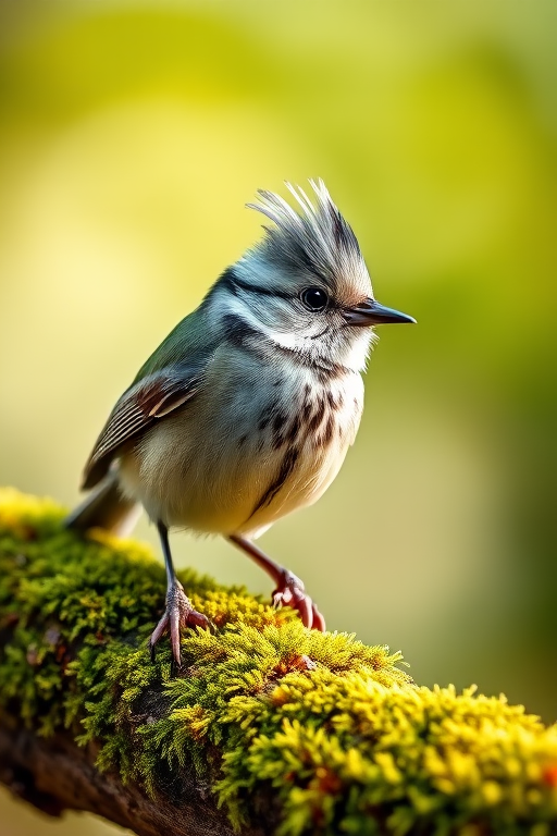 Capture a detailed close-up of a crested tit perched on a moss-covered branch in soft natural light, using a DSLR camera with a 100mm macro lens, aperture set to f/4, ISO 400, shutter speed 1/250s, and a slight bokeh effect to enhance background blur.