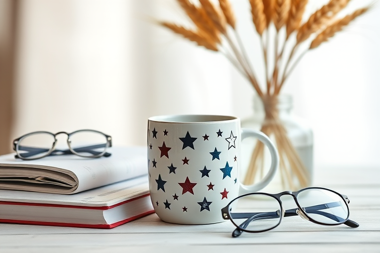 Still life composition featuring a stylish mug with stars, a book, glasses, and a vase with wheat, soft bokeh background, taken with a DSLR camera at f/2.8, 50mm lens, ISO 100, natural light.