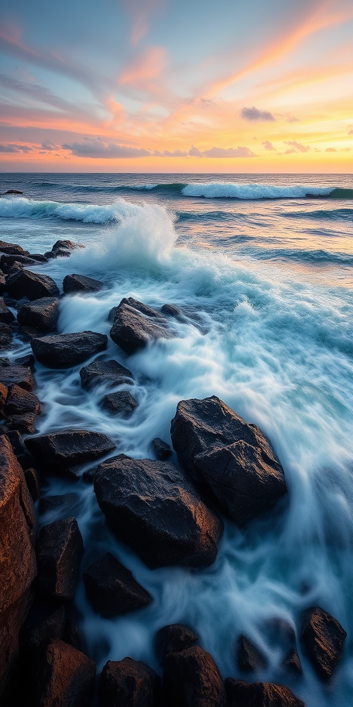 A dramatic coastal scene with waves crashing against a rocky shore, captured at sunrise with a Canon EOS R5, 24mm f/1.4 lens, ISO 100, aperture f/8, shutter speed 1/250s, using long exposure techniques for a silky water effect, high dynamic range for vibrant colors, and a wide-angle view to emphasize the expanse of the sea.