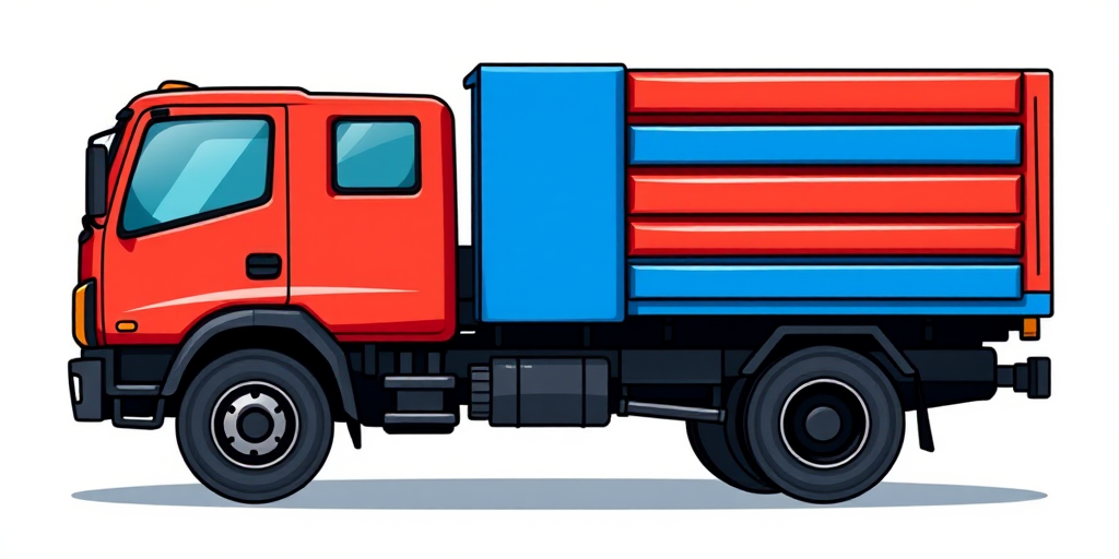Create a colorful cartoon-style illustration of a red truck with a blue cargo box, using a high-resolution digital art style, viewed from a side angle, with soft lighting and a clean background, captured by a digital camera with a 50mm lens at f/8 aperture, ISO 100, and a shutter speed of 1/200s.