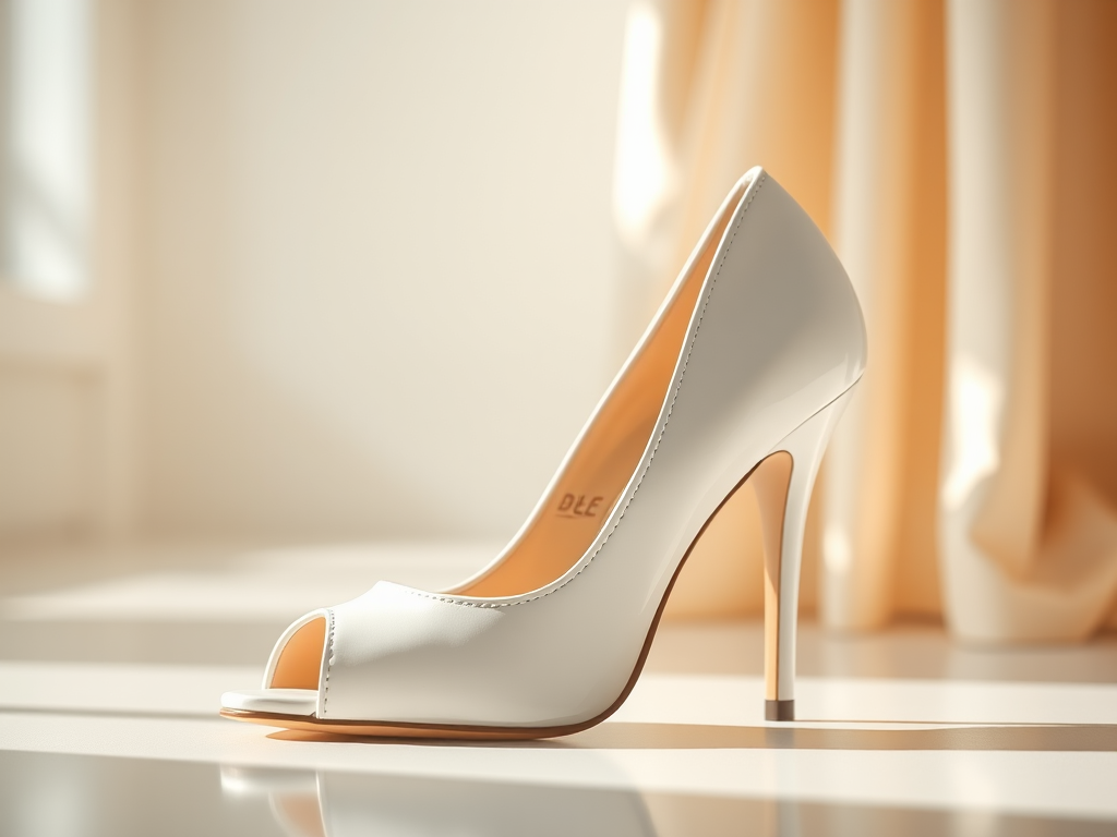 Create a high-resolution image of a stylish white high-heeled shoe with a peep toe, shot in a soft, diffused light environment, using a DSLR camera with a 50mm lens at f/1.8, ISO 100, and a shallow depth of field.