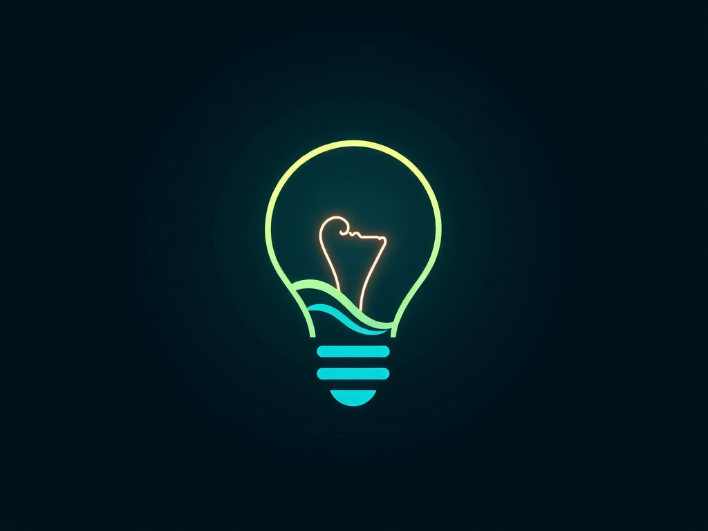 Create a minimalist logo of a light bulb with a wave design inside, using a turquoise color scheme, shot with a Canon EOS 5D Mark IV at f/8 aperture, ISO 100, 50mm lens, top-down view, high contrast style for clarity and sharpness.