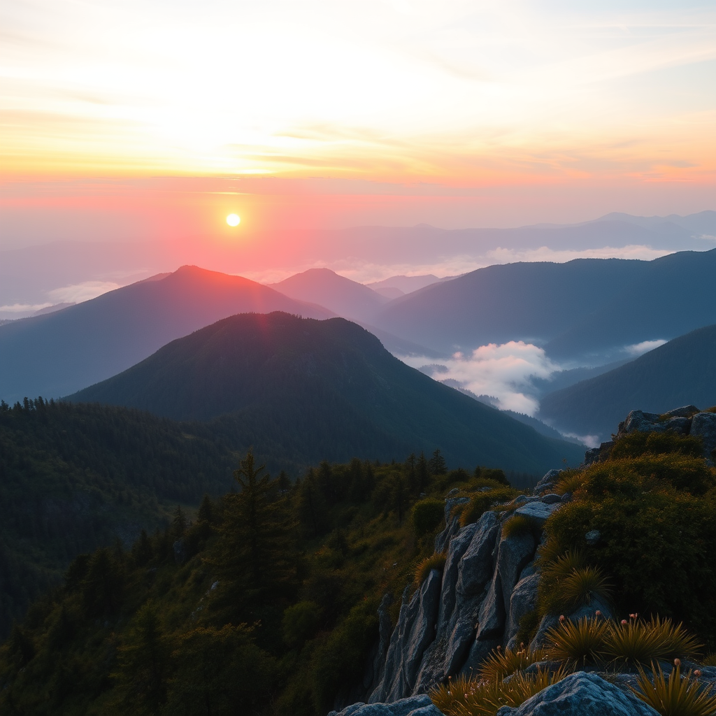 Create a highly detailed image of a serene mountain landscape during sunrise with mist rising from the valleys, using a DSLR camera with a 24mm lens, aperture set to f/11, ISO 100, and a shutter speed of 1/200 sec, shot from a high vantage point to capture the expansive view in vibrant colors and sharp clarity.