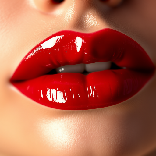 Stunning close-up of glossy ruby red lips with a subtle ombre effect, showcasing plump and hydrated appearance, reflecting light beautifully in high resolution
