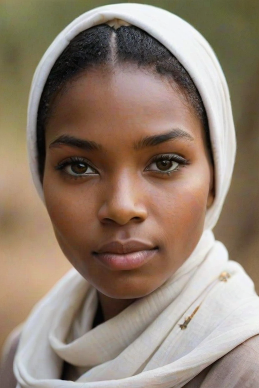 Create a portrait of a young Zulu woman with long, dark hair and captivating hazel eyes. She is wearing a white headscarf and a matching scarf draped gracefully around her neck. The background is softly blurred, focusing attention on her serene and natural expression. The overall color palette is muted and warm, enhancing the intimate and authentic feel of the portrait.