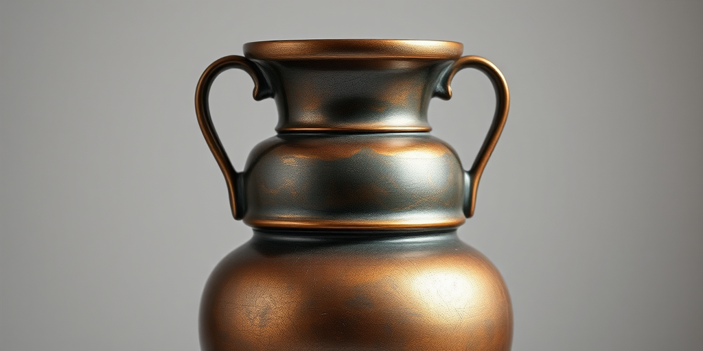Create a highly detailed image of a classic amphora vase with a smooth bronze finish, soft lighting highlighting its curves, shot with a Canon EOS R5, using a f/2.8 aperture, ISO 100, 50mm lens, in a studio setting for enhanced focus and clarity.