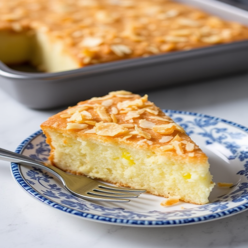 A close-up image of a slice of moist coconut cake with a golden brown topping served on a decorative blue and white plate with a fork beside it, with a tray of the cake in the background.