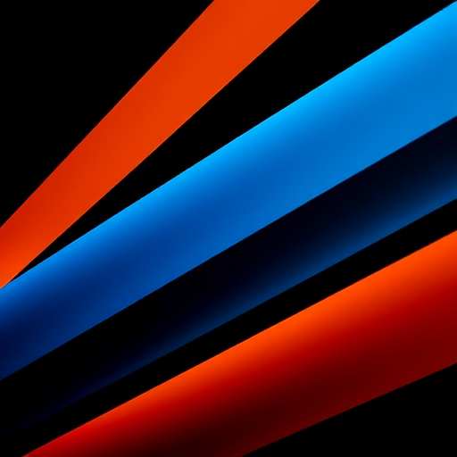 Generate an abstract image featuring vibrant diagonal lines in orange and blue against a black background, using a Canon EOS R5 with an f/1.8 aperture, 1/250 sec shutter speed, ISO 100, in a macro perspective with a focus on texture and color contrast.